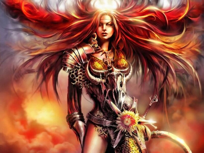 Female Warrior with Red Hair — Dramatic, Digital Art, Armor, Sword, Skull