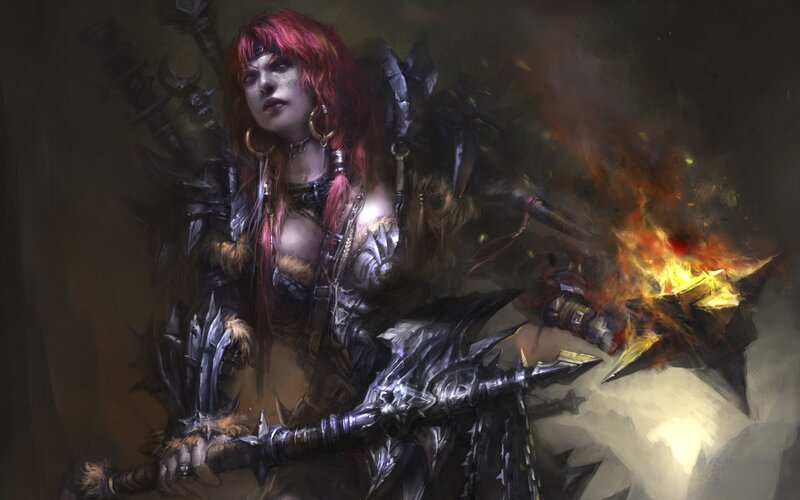 Female Warrior with Red Hair — Dramatic, Digital Art, Fire, Armor