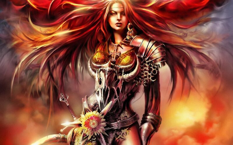 Female Warrior with Red Hair — Dramatic, Digital Art, Skull Armor