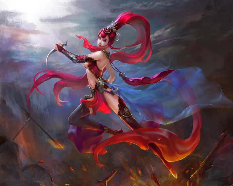 Female Warrior with Red Hair — Dramatic, Digital Art, Sword, Cape