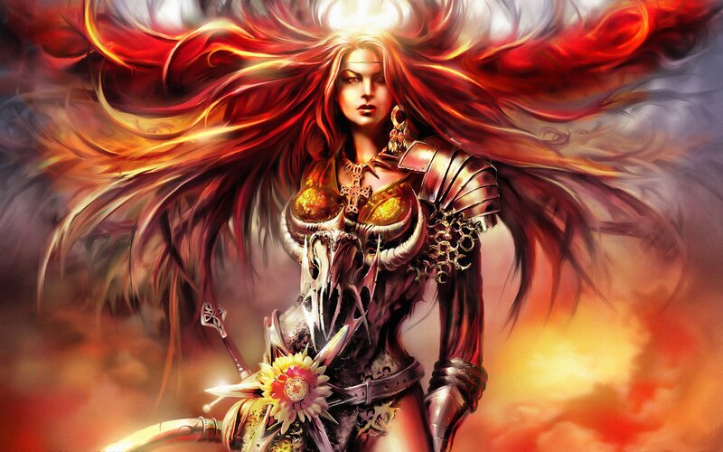 Female Warrior with Red Hair — Dramatic, Sunset, Digital Art, Armor, Sword