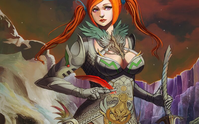 Female Warrior with Red Hair — Dramatic, Sunset, Digital Art, Armor