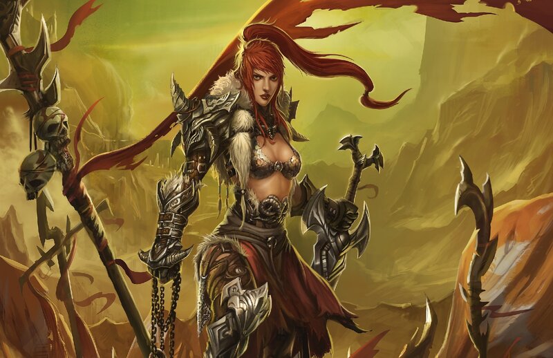 Female Warrior with Red Hair — Dramatic, Sunset, Digital Art, Armor, Weapons