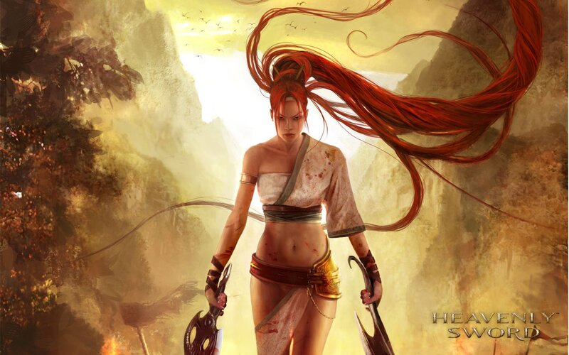 Female Warrior with Red Hair — Dramatic, Sunset, Digital Art, Swords, Mountains