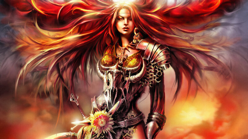 Female Warrior with Red Hair — Dramatic, Sunset, Digital Art