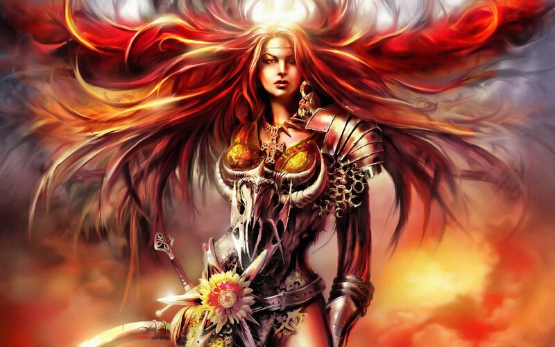 Female Warrior with Red Hair — Dramatic, Sunset