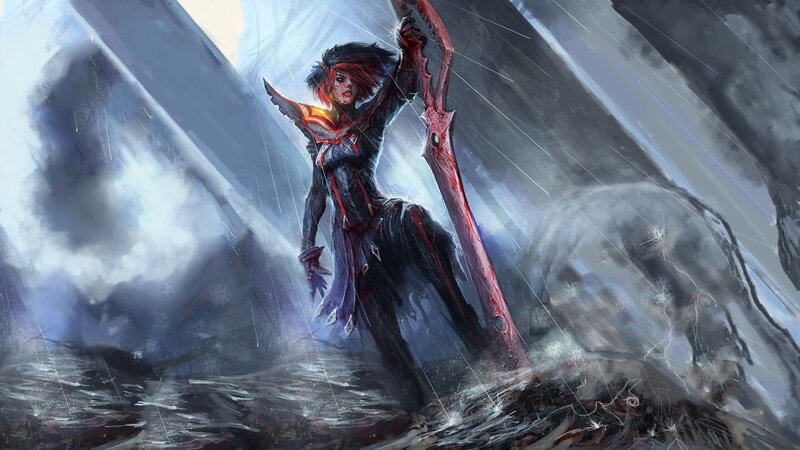 Female Warrior with Red Sword — Black, Dramatic, Digital Art