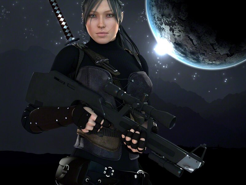 female warrior with rifle
