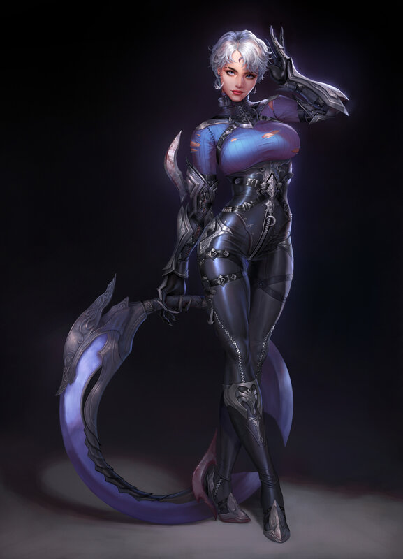 Female Warrior with Scythe — Black, Dramatic, Night, Digital Art, Armor, Silver Hair