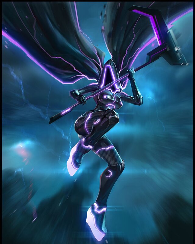 Female Warrior with Scythe — Blue, Dramatic, Digital Art, Wings
