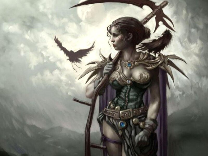 Female Warrior with Scythe — Gray, Dramatic, Digital Art, Crow, Armor