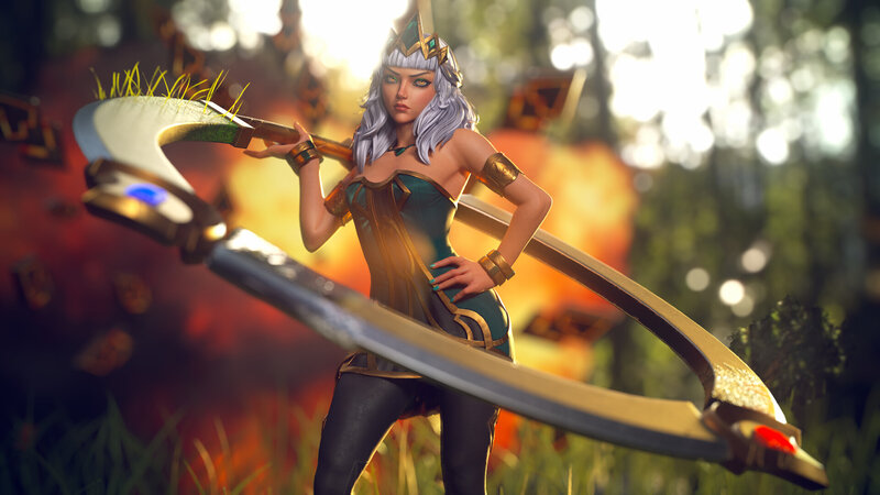 Female Warrior with Scythe — Green, Dramatic
