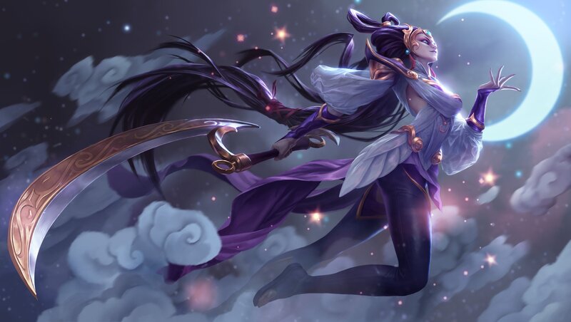 Female Warrior with Scythe — Purple, Dramatic, Night, Digital Art, Moon, Clouds