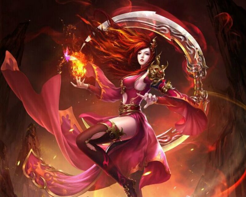 Female Warrior with Scythe — Red, Dramatic, Digital Art