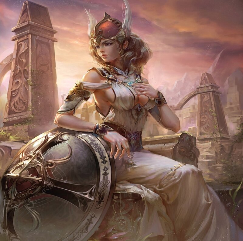 Female Warrior with Shield — Gold, Dramatic