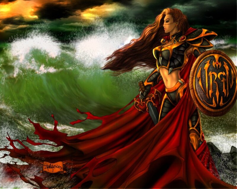 Female Warrior with Shield — Red