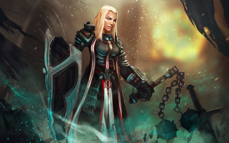 Female Warrior with Shield — White, Dramatic
