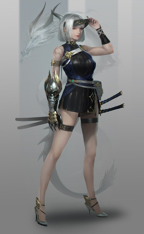 Female Warrior with Silver Hair — Gray, Dramatic