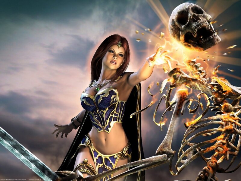 Female Warrior with Skeleton — Purple, Dramatic, Digital Art, Skull, Sword