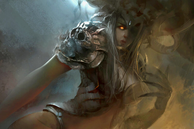 Female Warrior with Skull Armor — Gray