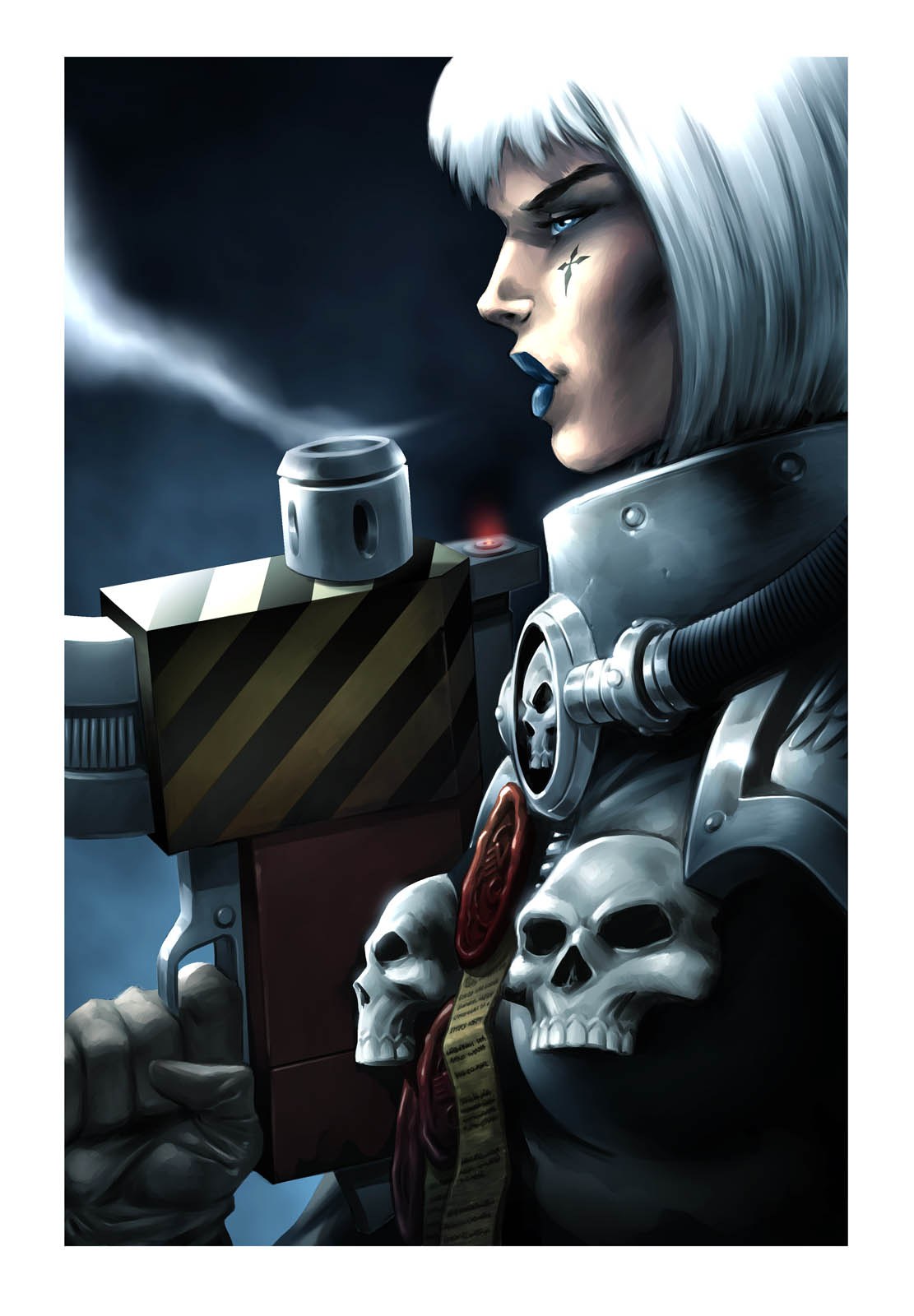 female warrior with skull armor