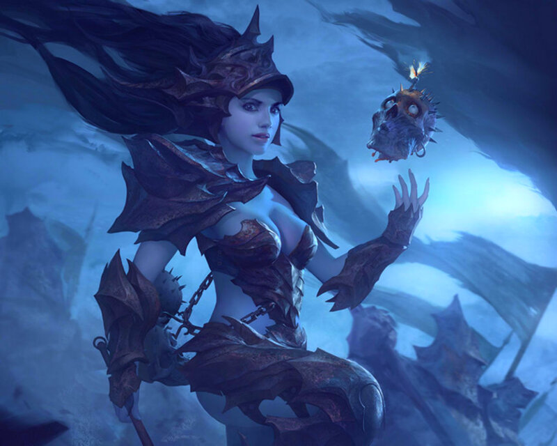 Female Warrior with Skull — Blue