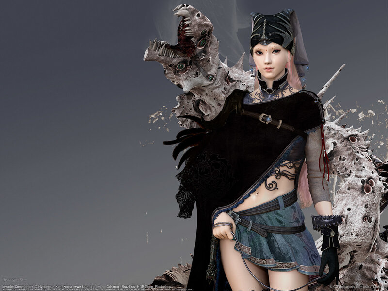Female Warrior with Skull Creature