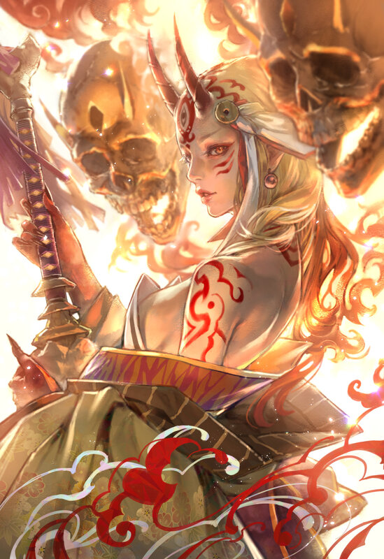 Female Warrior with Skull Staff — Red