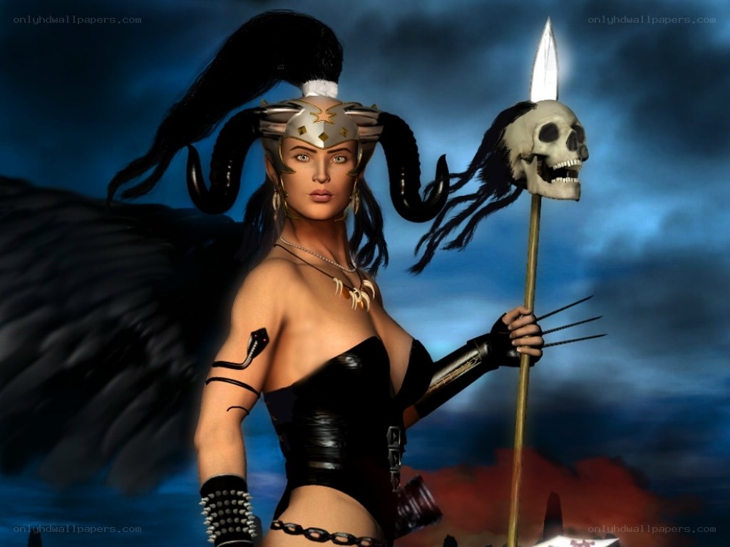 female warrior with skull staff