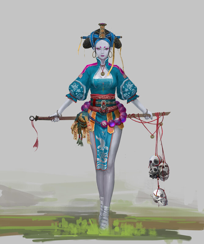 Female Warrior with Skulls — Blue
