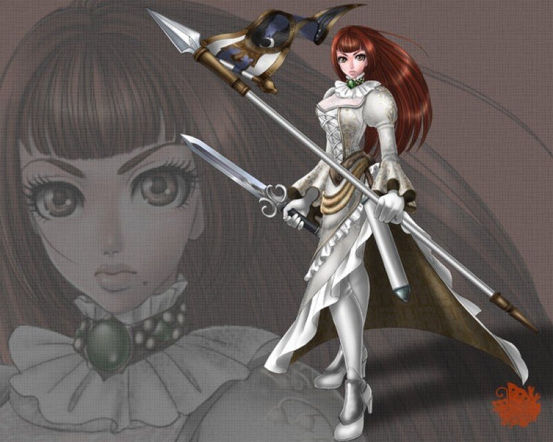 female warrior with spear and sword