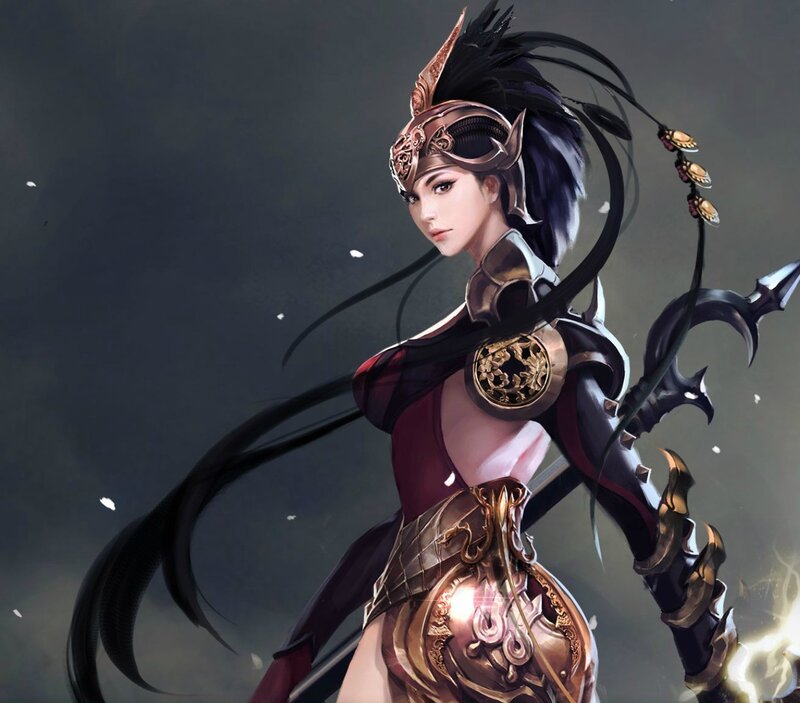 Female Warrior with Spear — Black, Dramatic, Digital Art, Armor, Helmet
