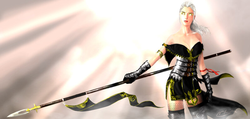 Female Warrior with Spear — Black, Dramatic, Digital Art, Armor