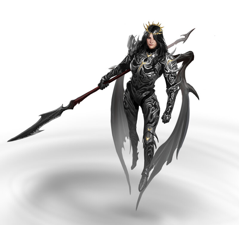 Female Warrior with Spear — Black, Dramatic, Digital Art, Armor, Wings