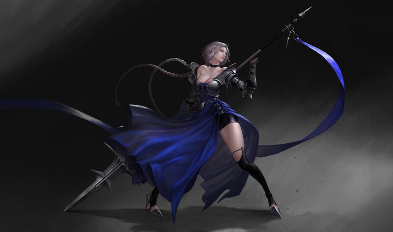 Female Warrior with Spear — Black, Dramatic, Digital Art, Blue Cape