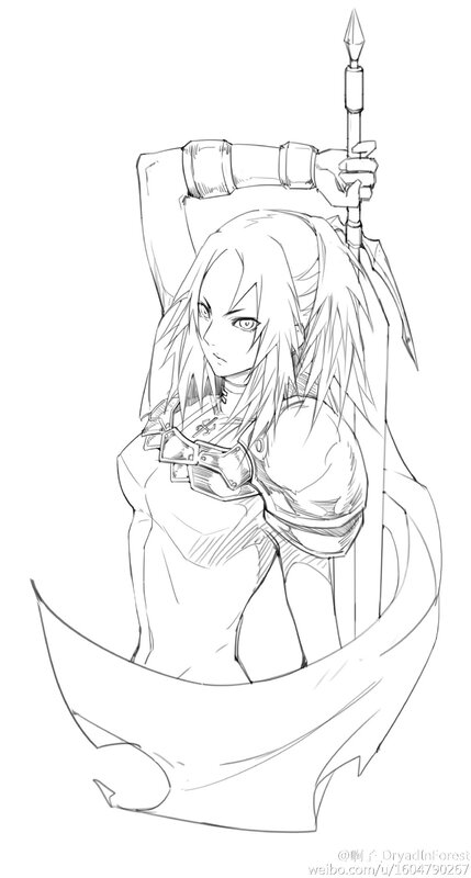 Female Warrior with Spear — Black, Dramatic, Manga