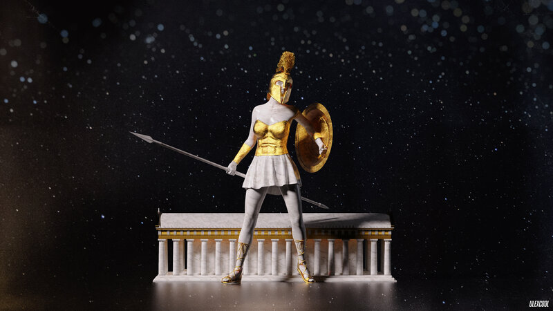 Female Warrior with Spear — Black, Dramatic, Night, 3d Render, Shield
