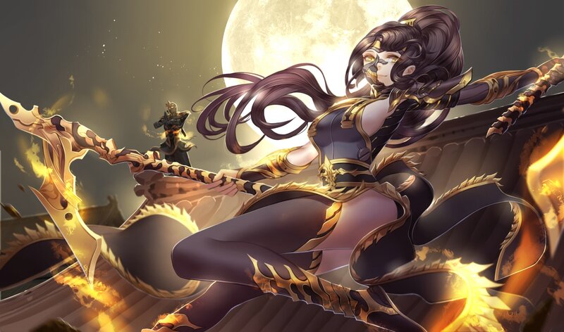 Female Warrior with Spear — Black, Dramatic, Night, Digital Art, Moon