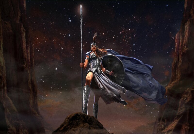 Female Warrior with Spear — Black, Dramatic, Night, Digital Art, Shield