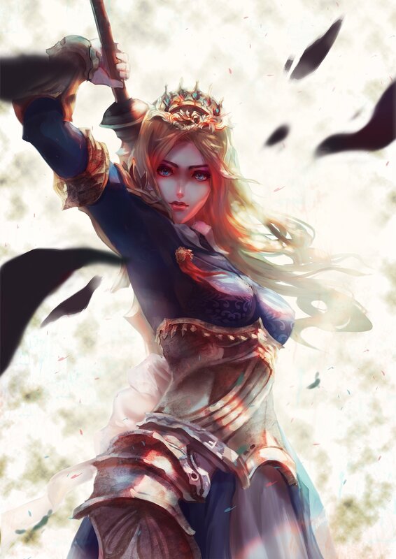 Female Warrior with Spear — Blue, Dramatic, Digital Art, Crown