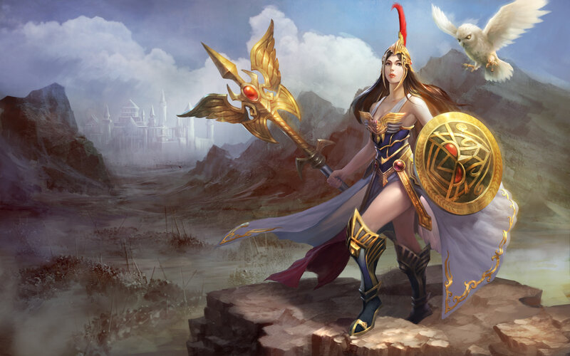 Female Warrior with Spear — Blue, Dramatic, Digital Art, Owl