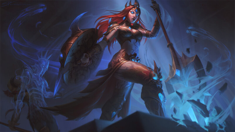 Female Warrior with Spear — Blue, Dramatic, Night, Digital Art, Shield