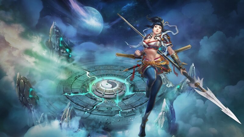 Female Warrior with Spear — Blue, Dramatic, Night, Digital Art