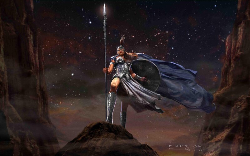Female Warrior with Spear — Blue, Dramatic, Night
