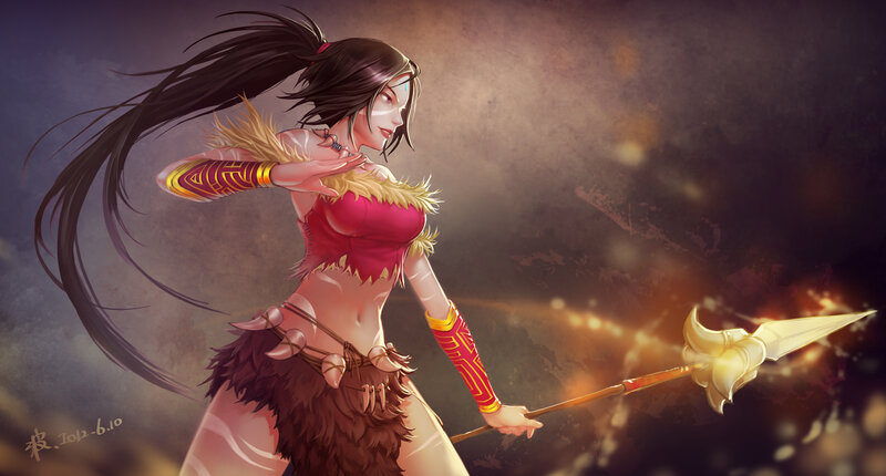 Female Warrior with Spear — Brown, Dramatic, Digital Art, Feathered Skirt