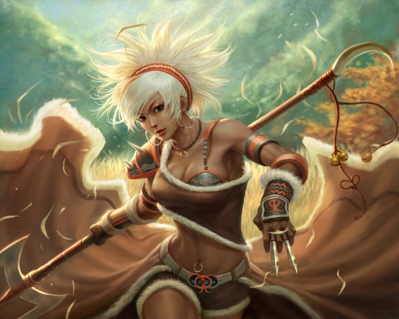 Female Warrior with Spear — Brown, Dramatic, Digital Art, Fur Cloak