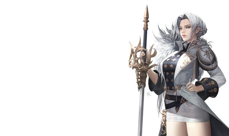 Female Warrior with Spear — Gray, Dramatic, Digital Art, Armor