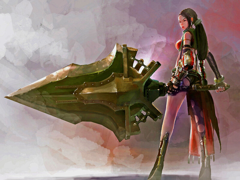 Female Warrior with Spear — Green, Dramatic, Digital Art, Armor