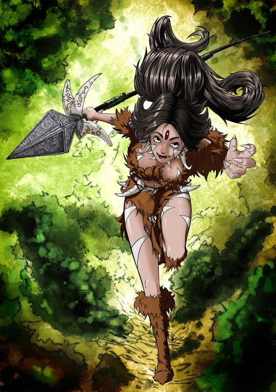 Female Warrior with Spear — Green, Dynamic, Manga