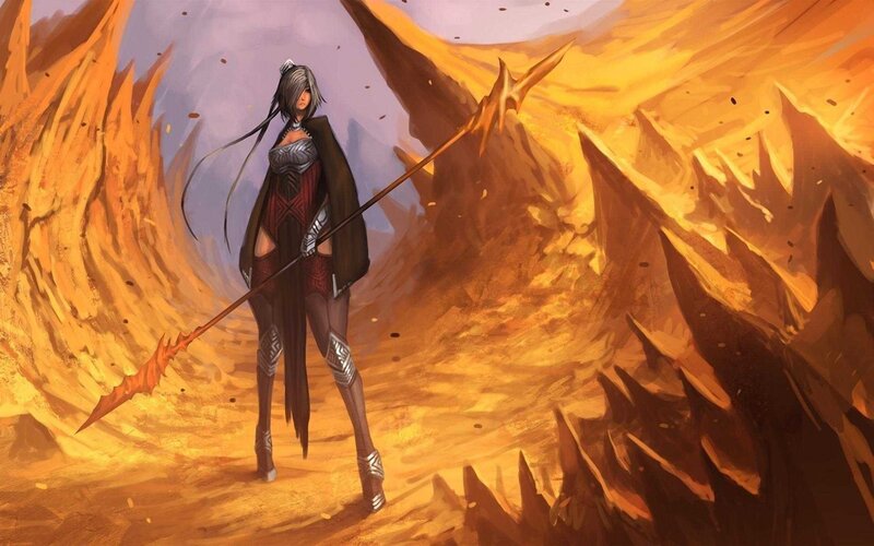 Female Warrior with Spear — Orange, Dramatic, Digital Art